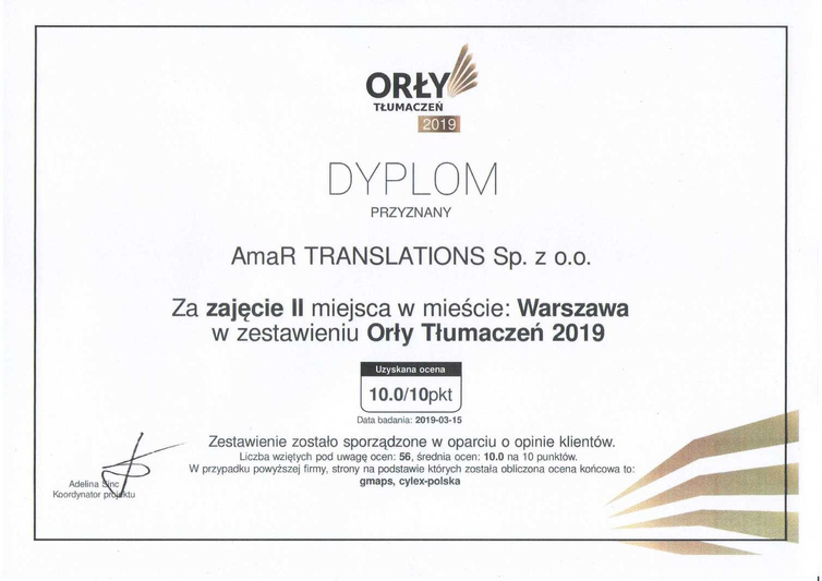 Tłumacz przysięgły został odznaczony dyplomem w konkursie orły tłumaczeń 2019